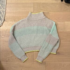 Free People Cropped Striped Turtleneck Sweater in Mint, Beige & Neon Yellow Trim